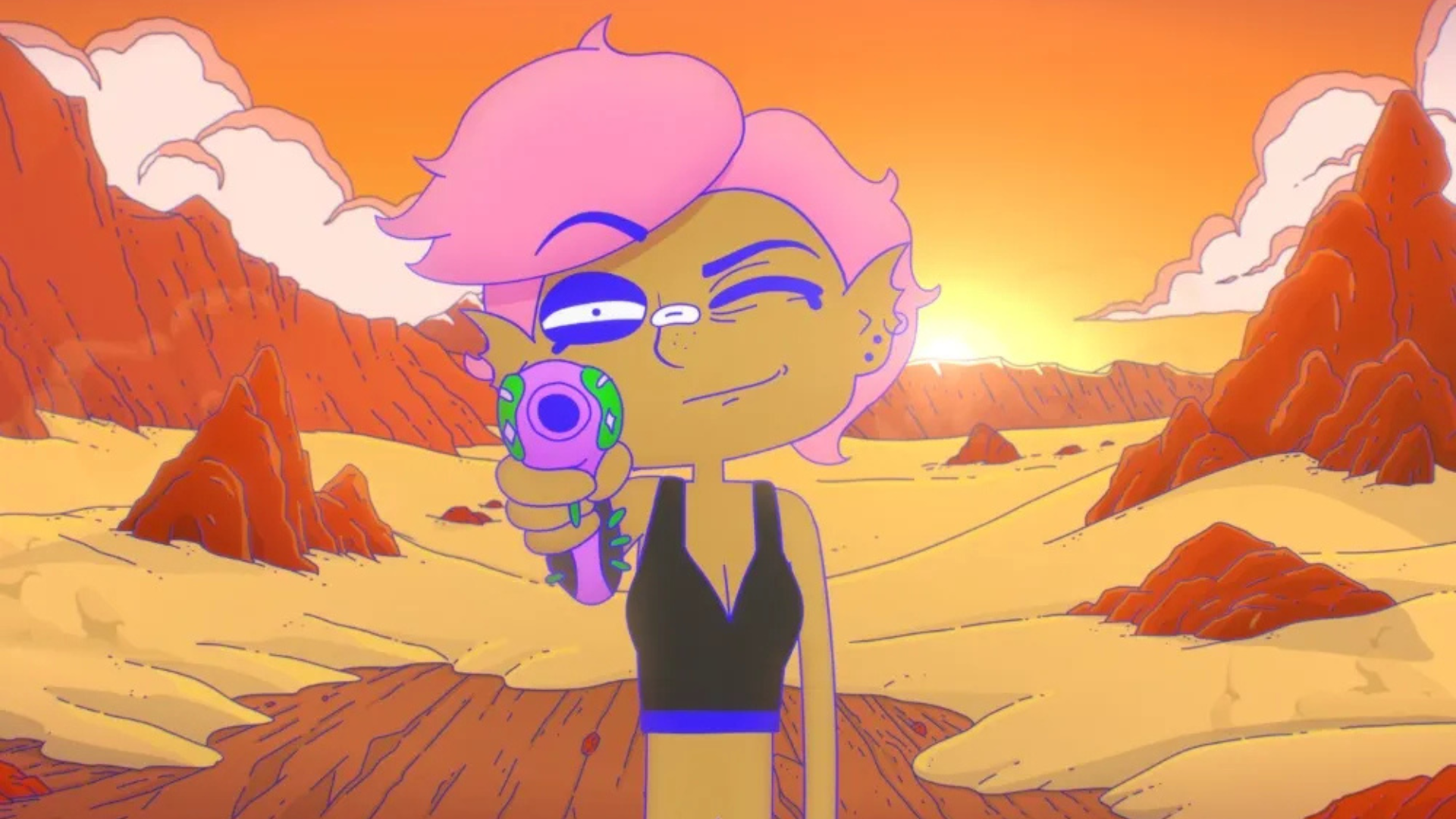 Photo of a cartoon character with yellow skin, pointed ears, and short pink hair, standing in a desert-like environment