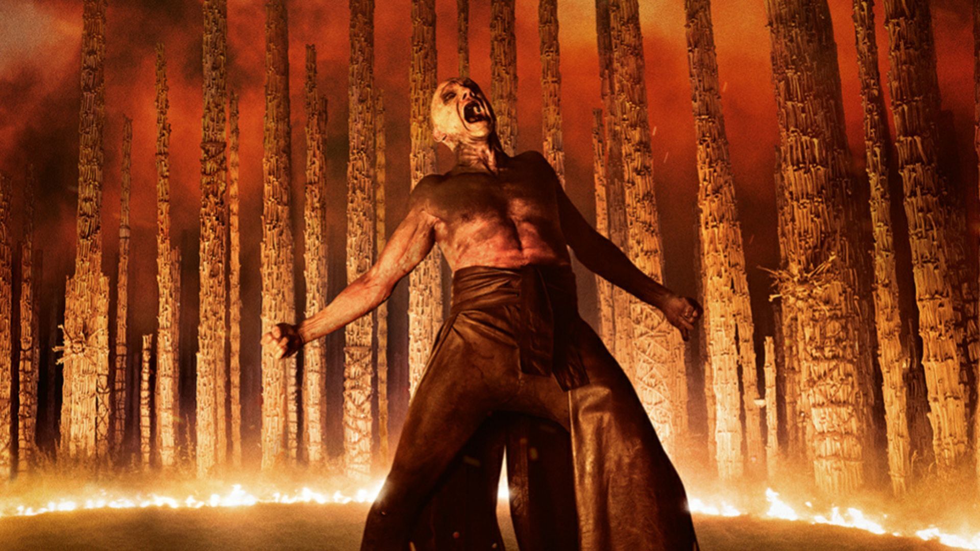 a man or zombie screaming - he might be standing in a circle of fire