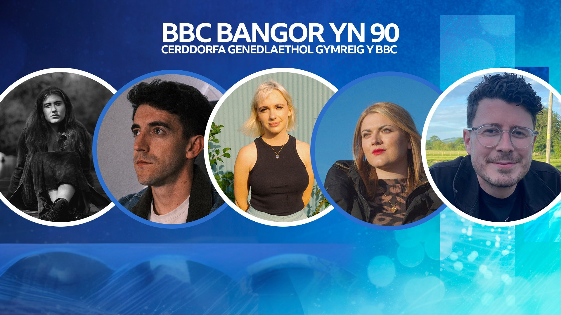 headshots of 5 singers, two male, three females on a vibrant blue background