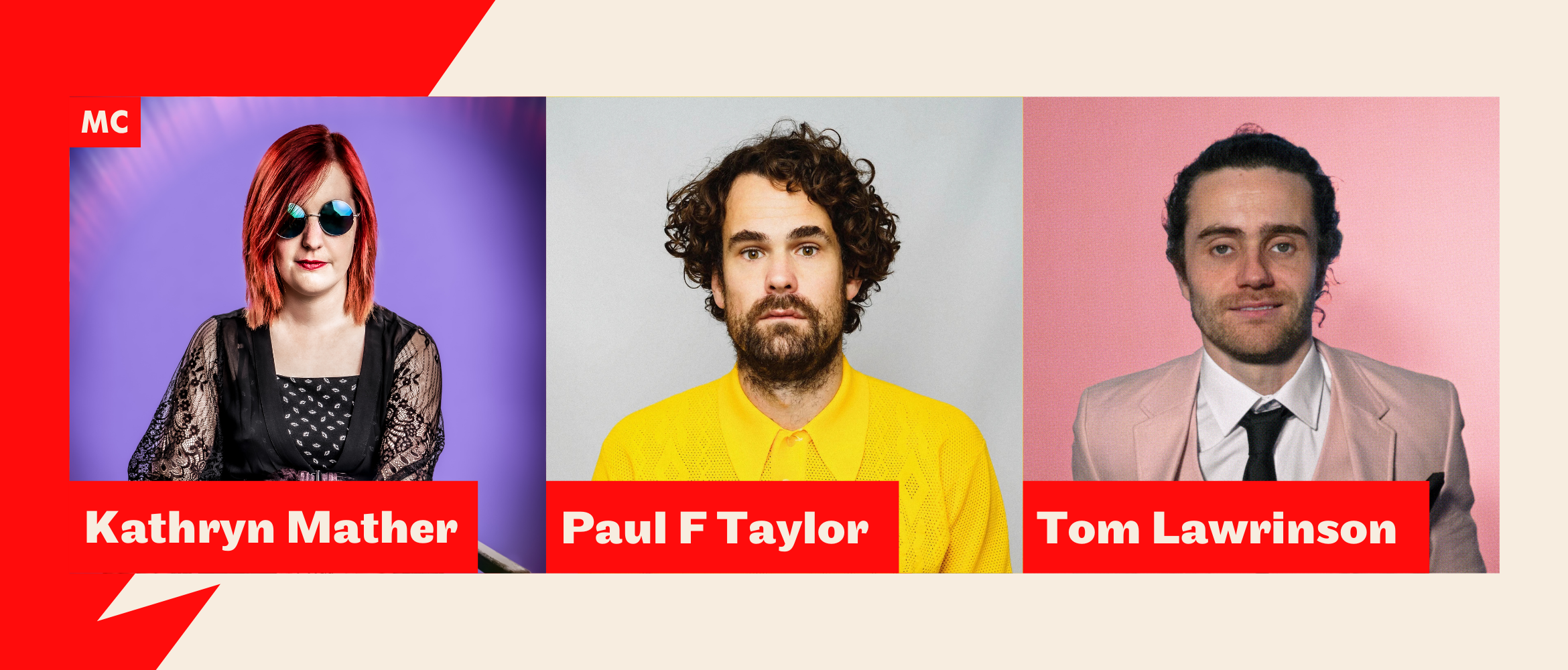 three headshots of comedians on a red and white background