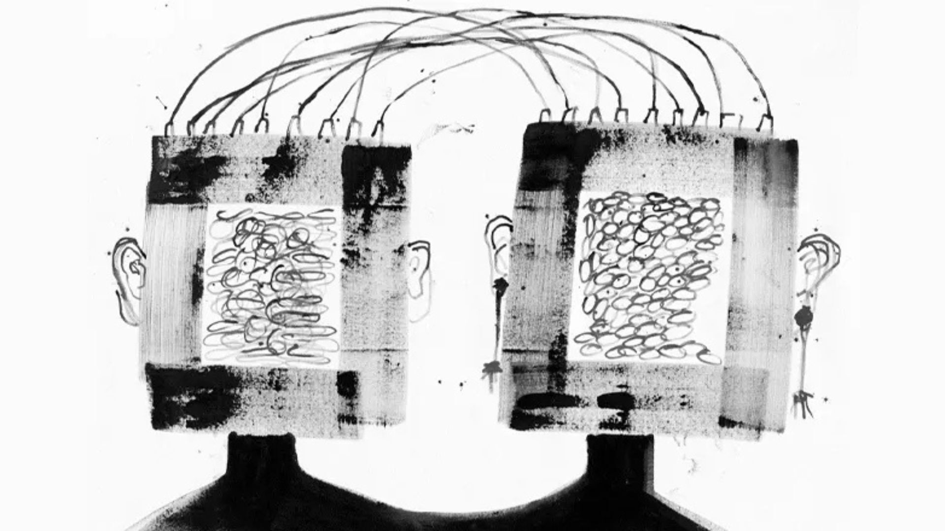 piece of black and white art - two heads with no faces shown connected by wires