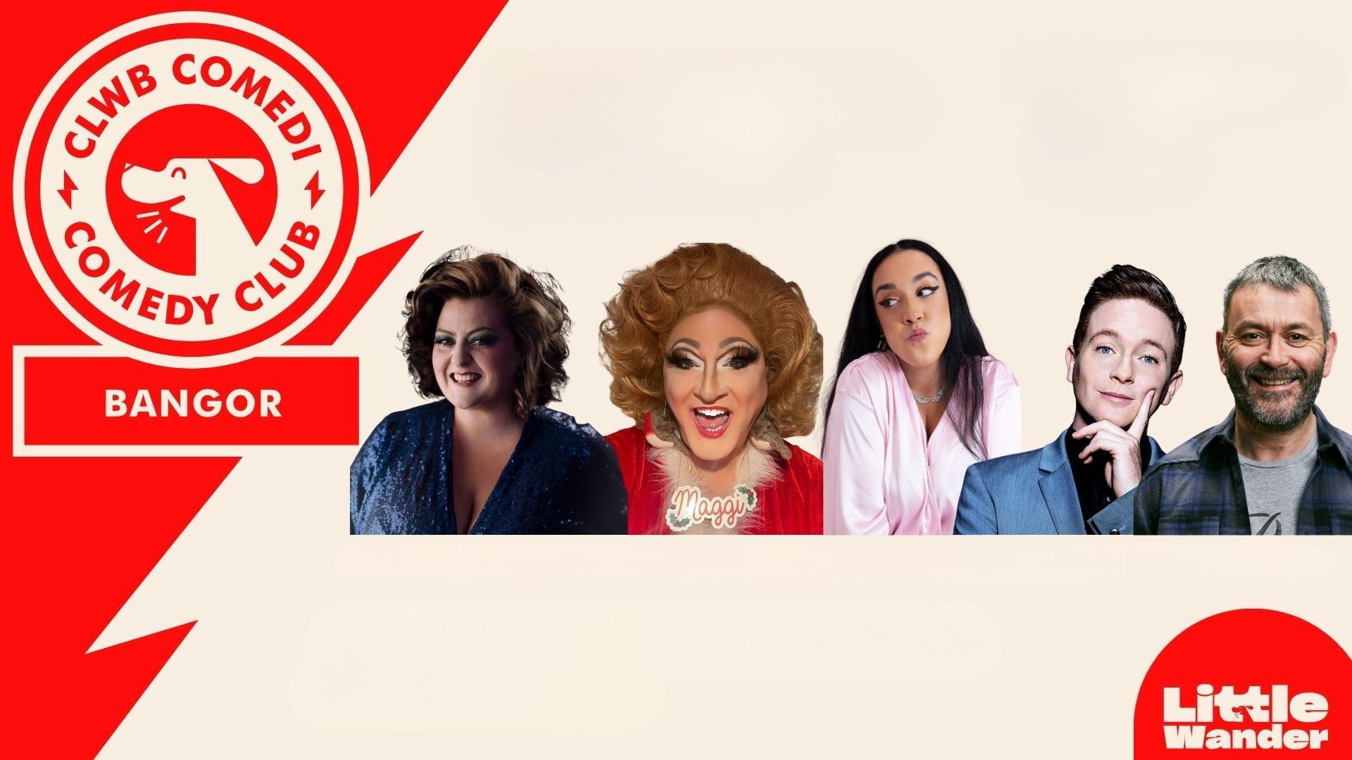 Photos of the comedians and Little Wander logo on the top left