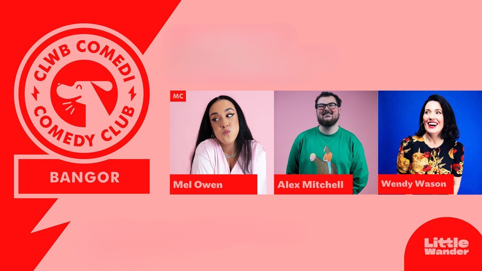 Comedy club logo and images of the three comedians