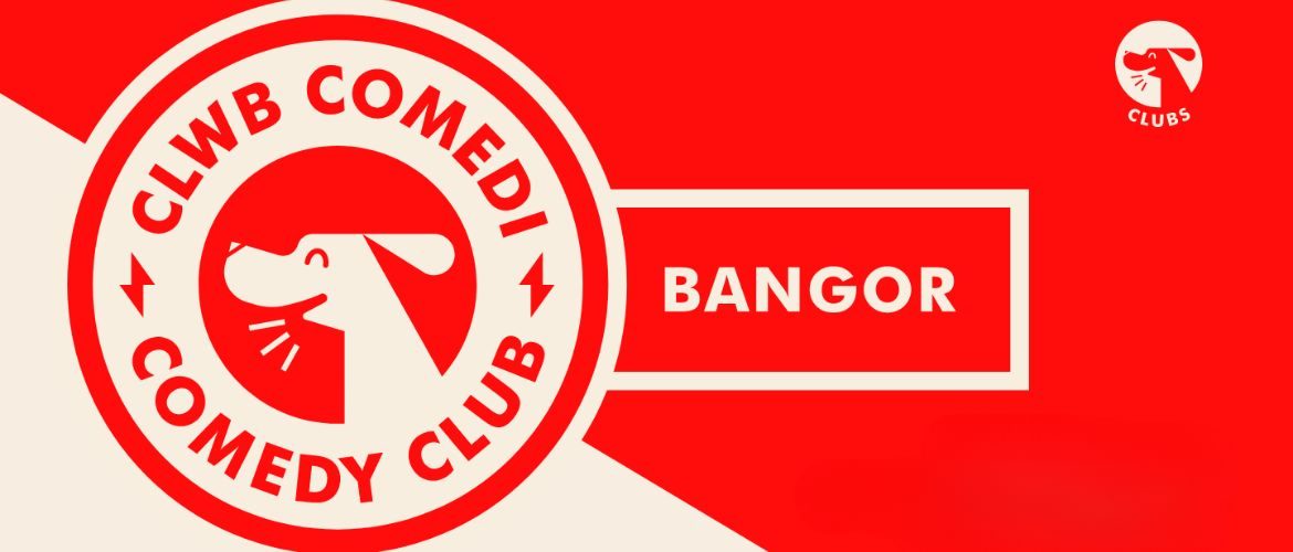 Comedy Club Poster witch cream and red background and a logo of a dog