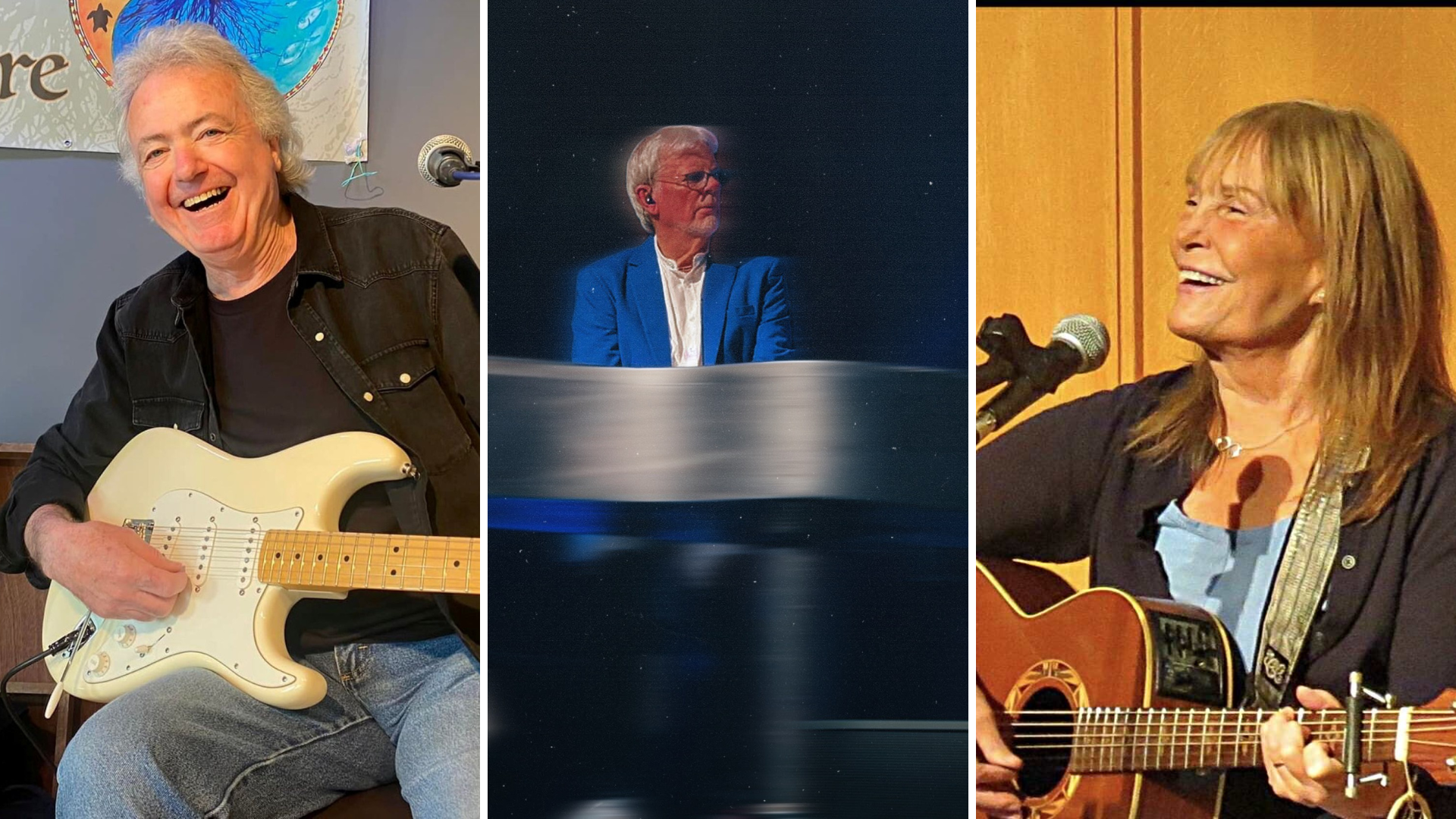image of three musicians, two white males - one playing a white guitar and the other playing piano, and one white woman playing acoustic guitar