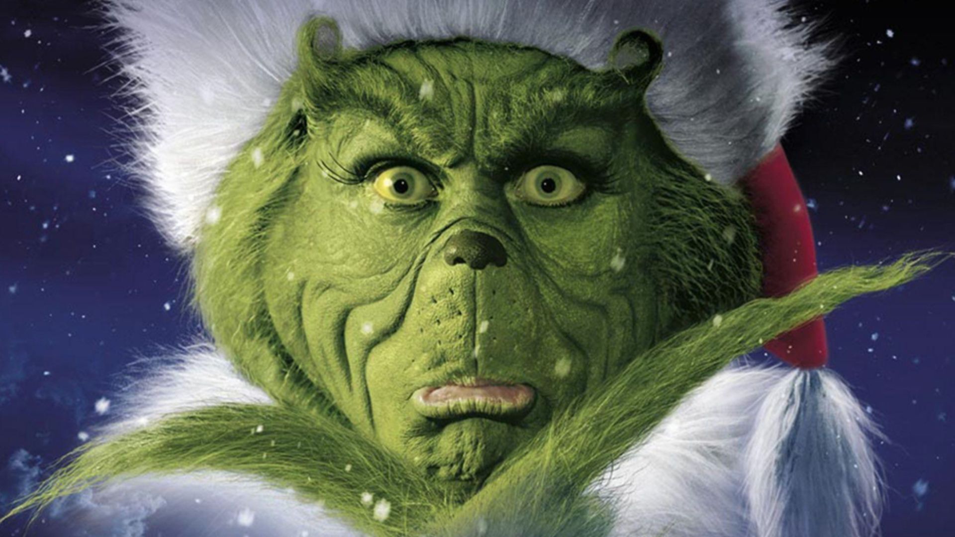 Close up of the Grinch wearing a Santa's suite