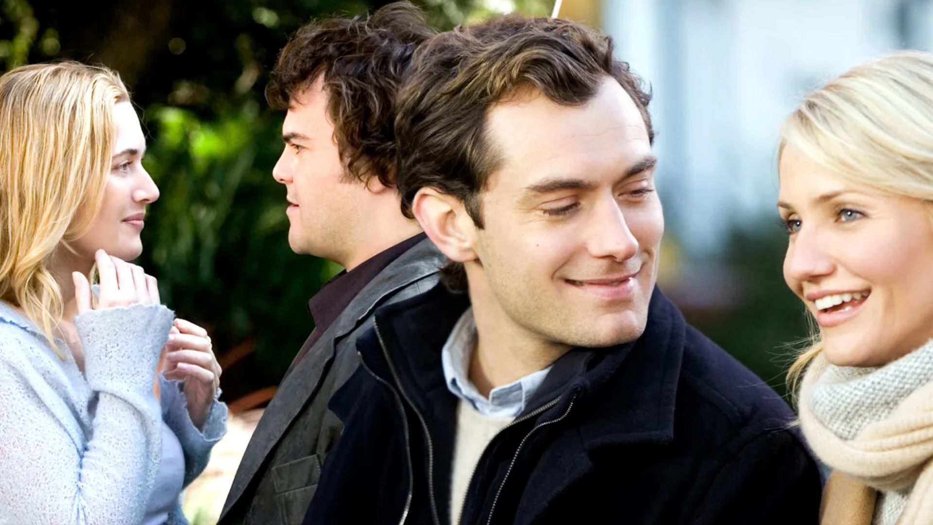 Two photos merged into one of both couples from the film