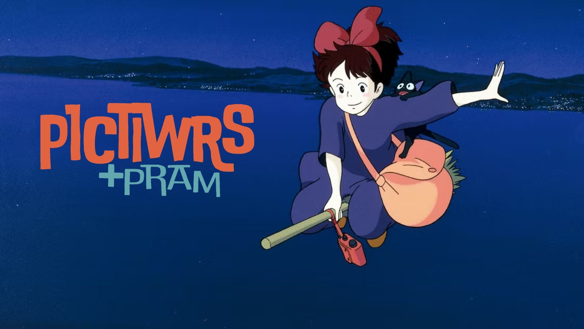 Young girl flying on a broom carrying a bag and the Pictiwrs a Pram logo on the left