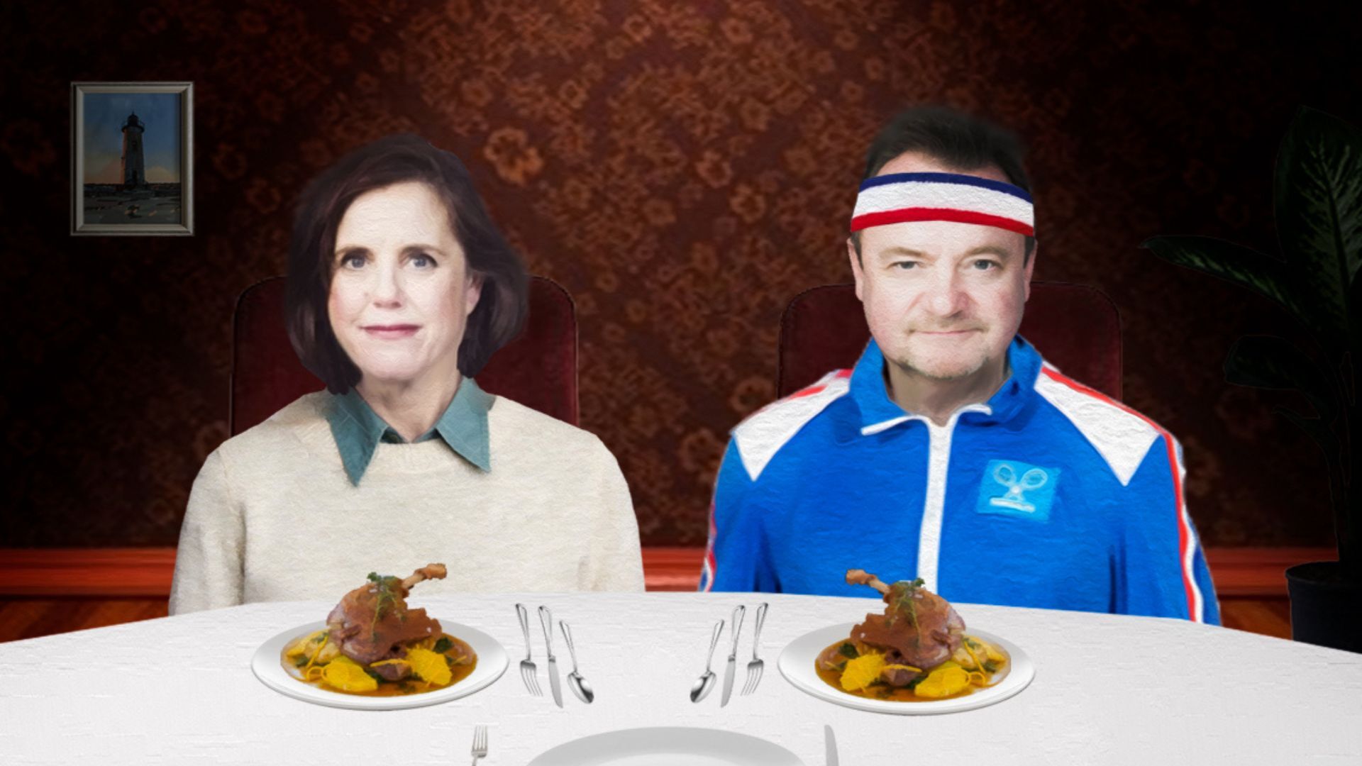 Woman and man sitting by a table with a plate of food in front of them. The man is wearing sports gear.