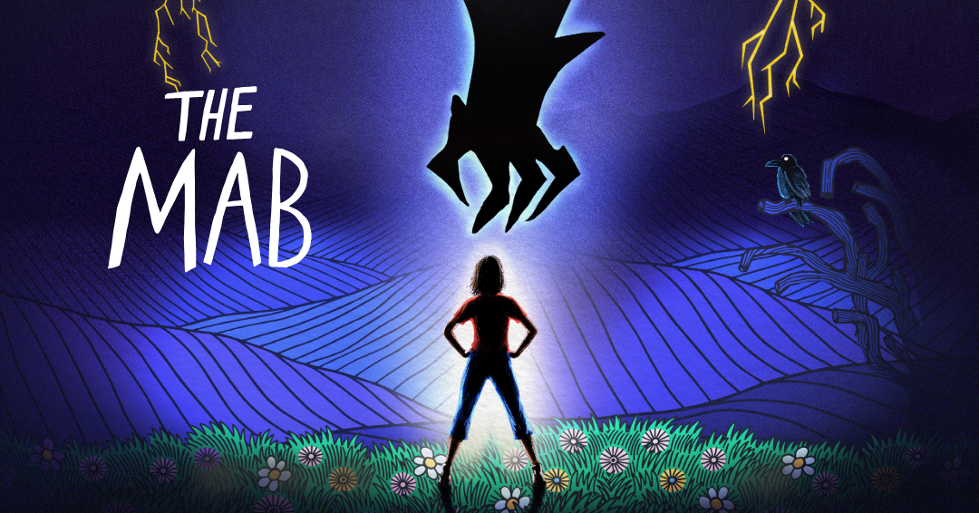 Hand in a glove reaching down from above and a girl standing on grass with flowers and The Mab title on the left