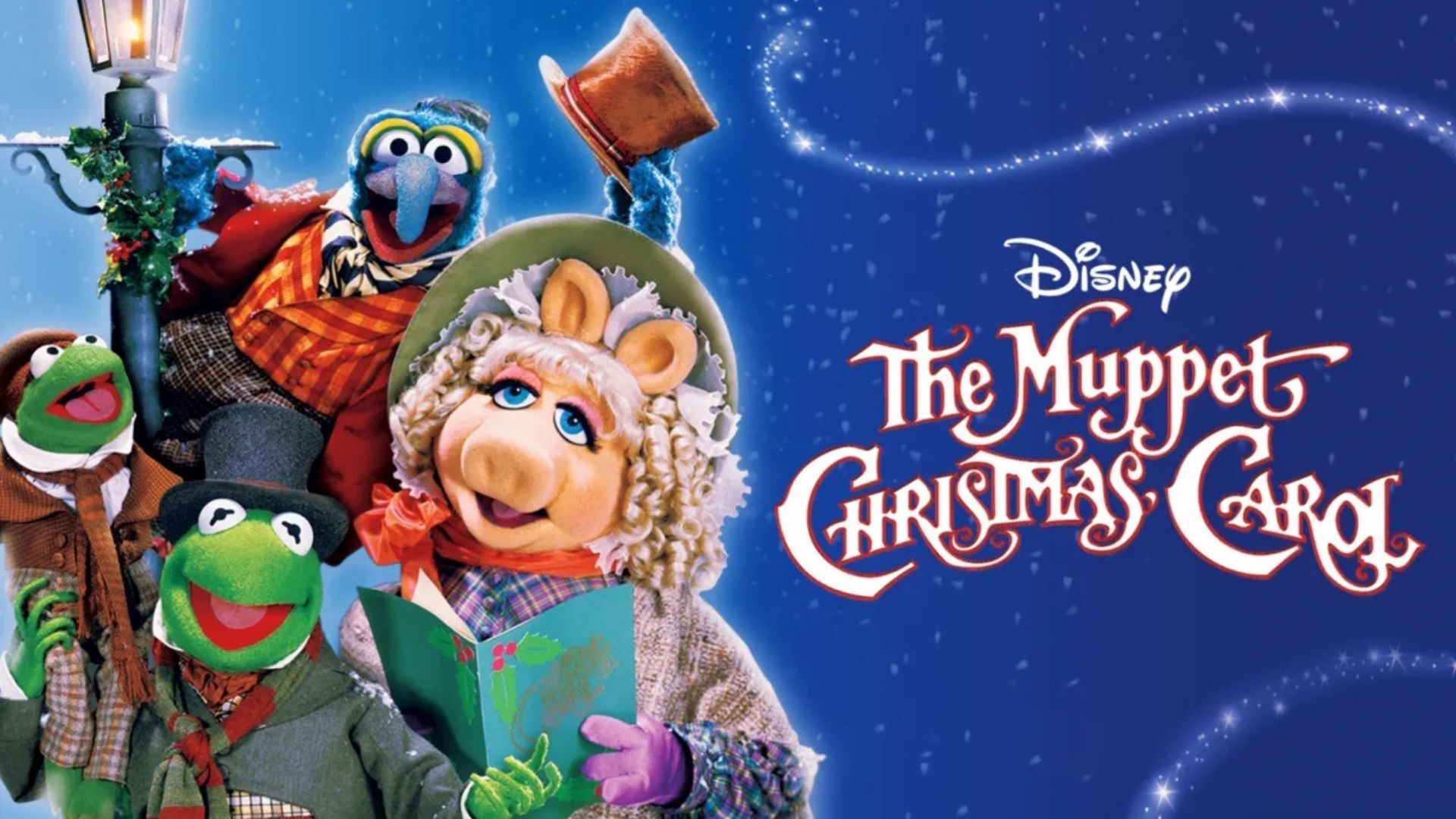The muppets on the left film title on the right with a starry blue background