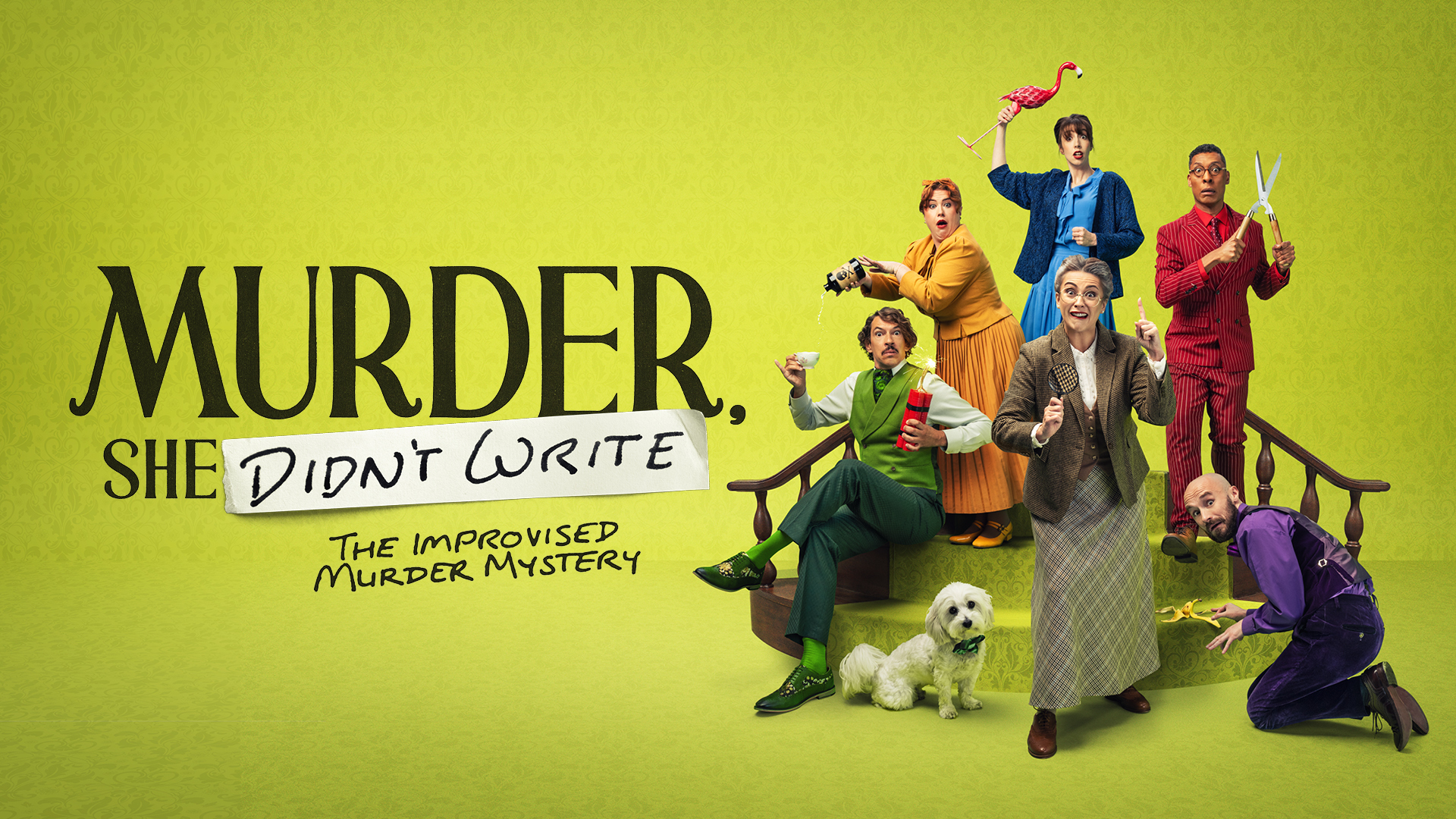Photo of the cast on the right and the show title on the left
