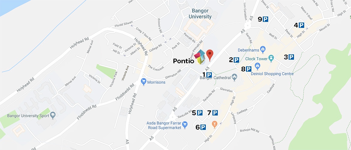 Map showing Pontio and all the parking spaces surrounding.