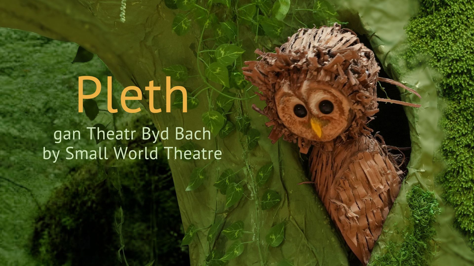 Owl puppet in a tree and the show title on the left