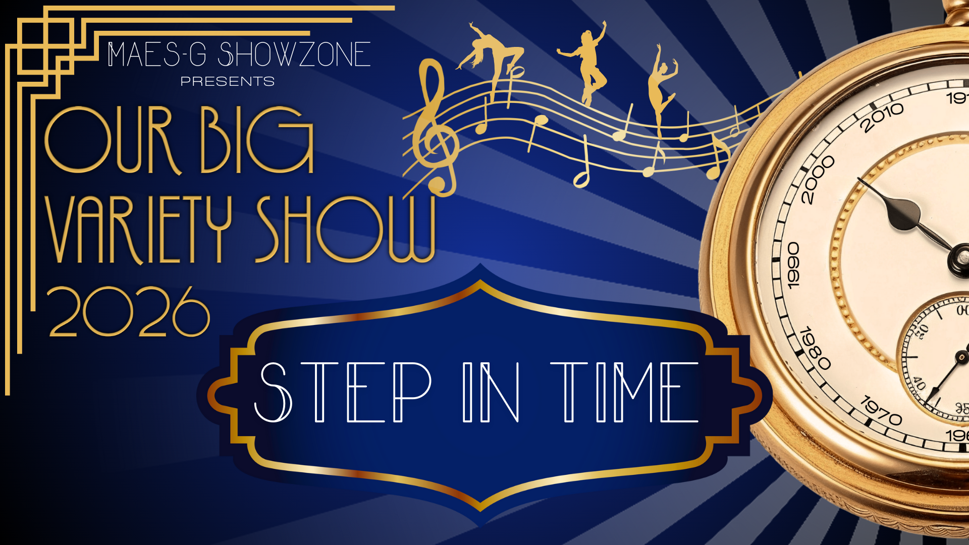 Show title in gold font, music notes and a clock