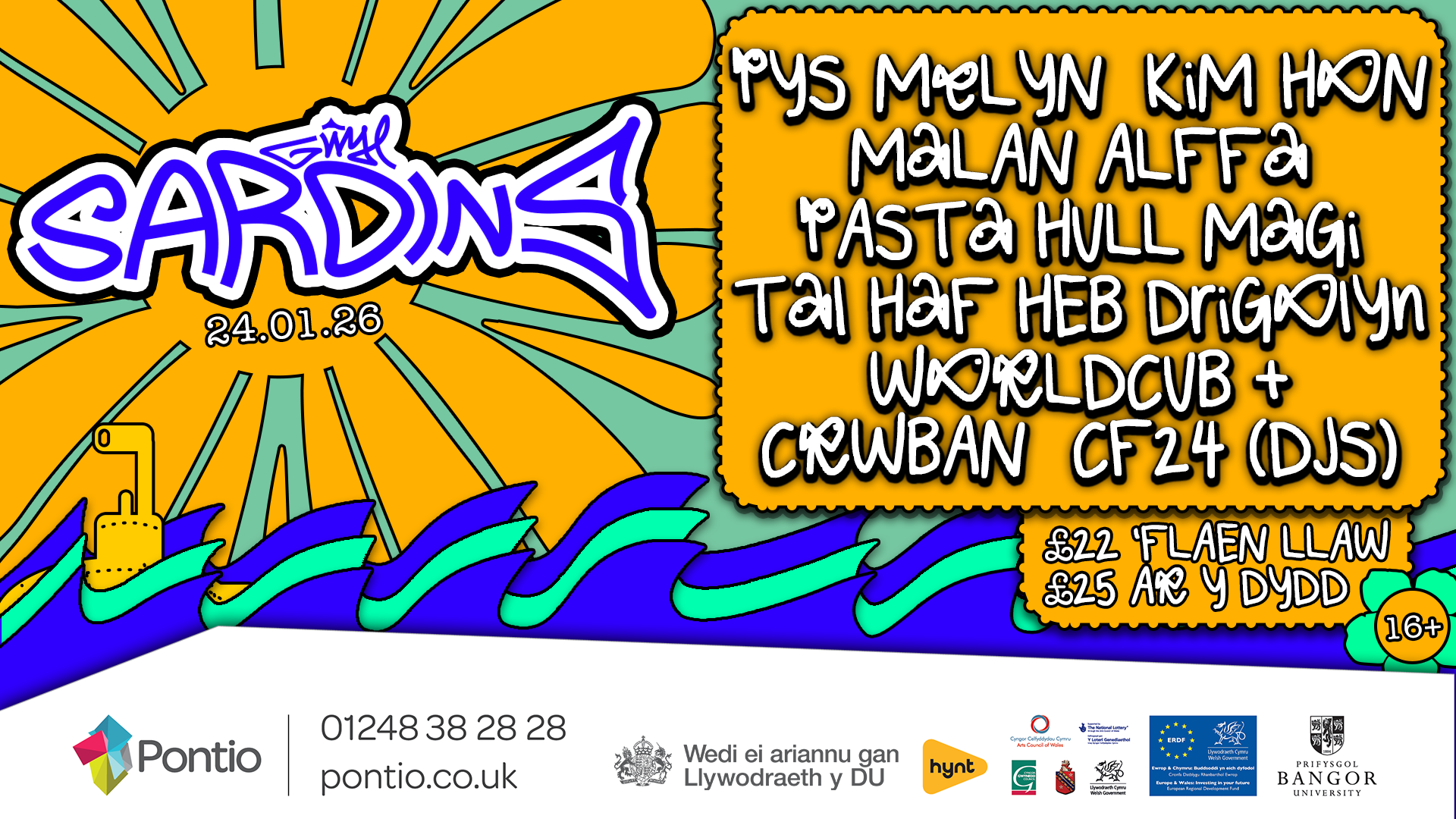 Yellow graphic with blue writing of Gŵyl Sardins, and band list