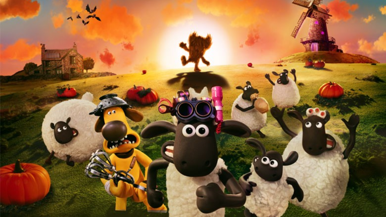 Characters from Shaun the Sheep running away from a figure in a pumpkin field