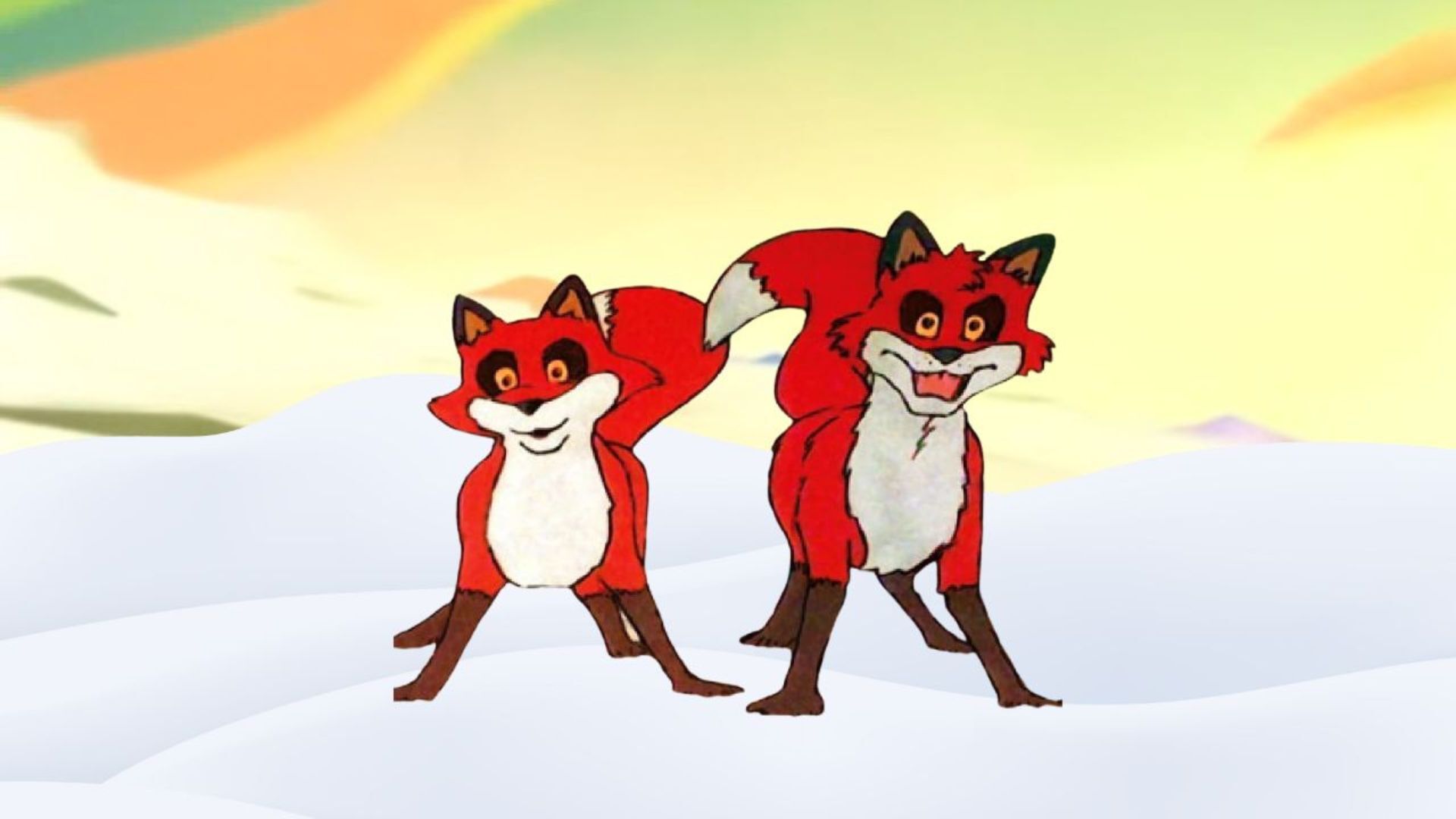 Two foxes standing in snow