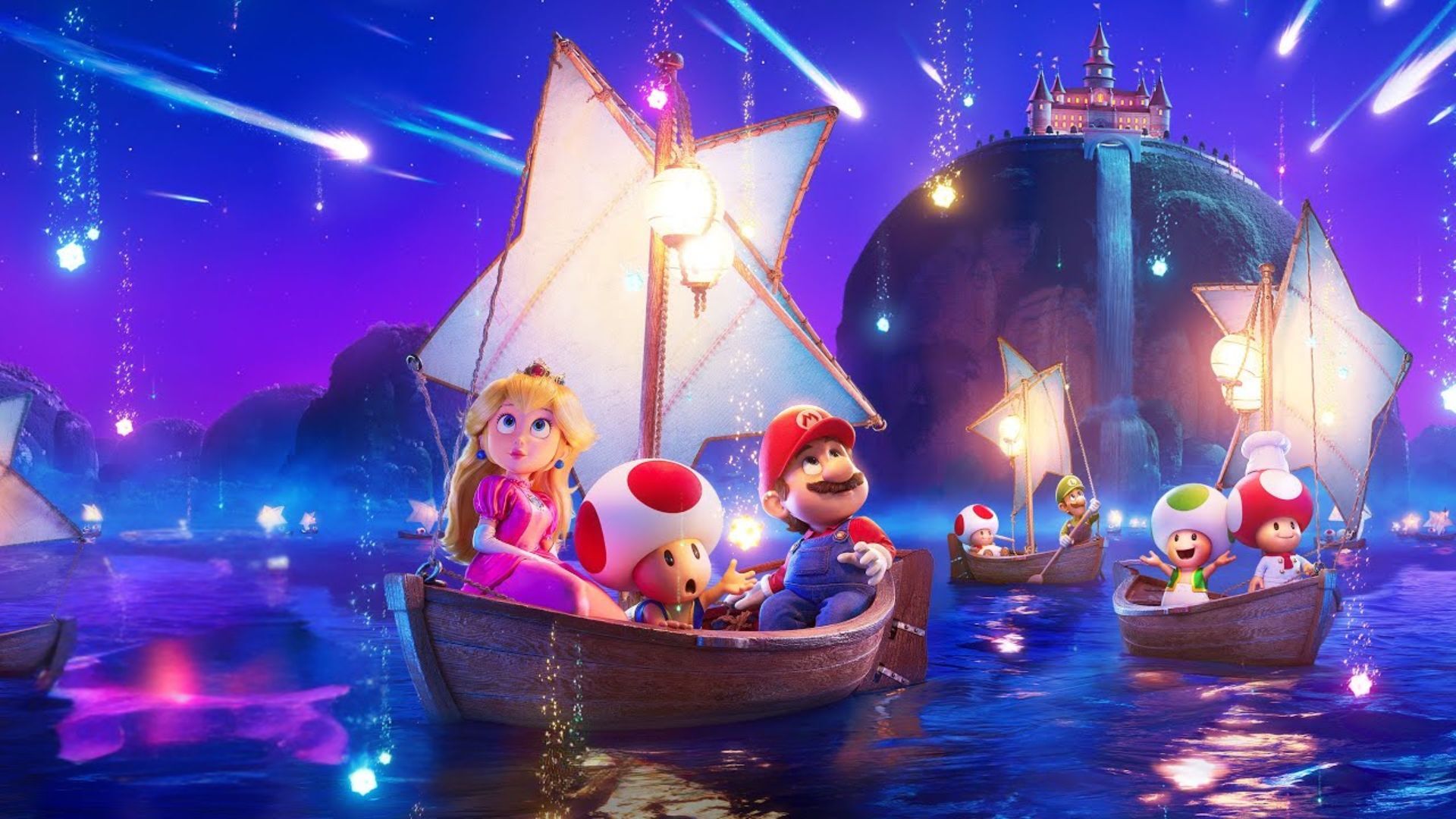 Super Mario characters in boats at night with shootings stars in the sky