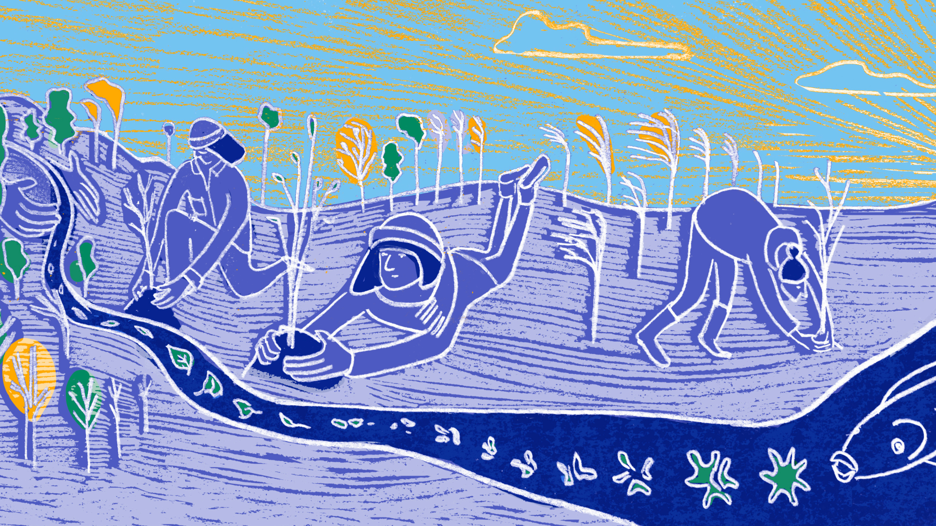 Artists drawing. Three people planting trees by a riverbed in many shades of blue