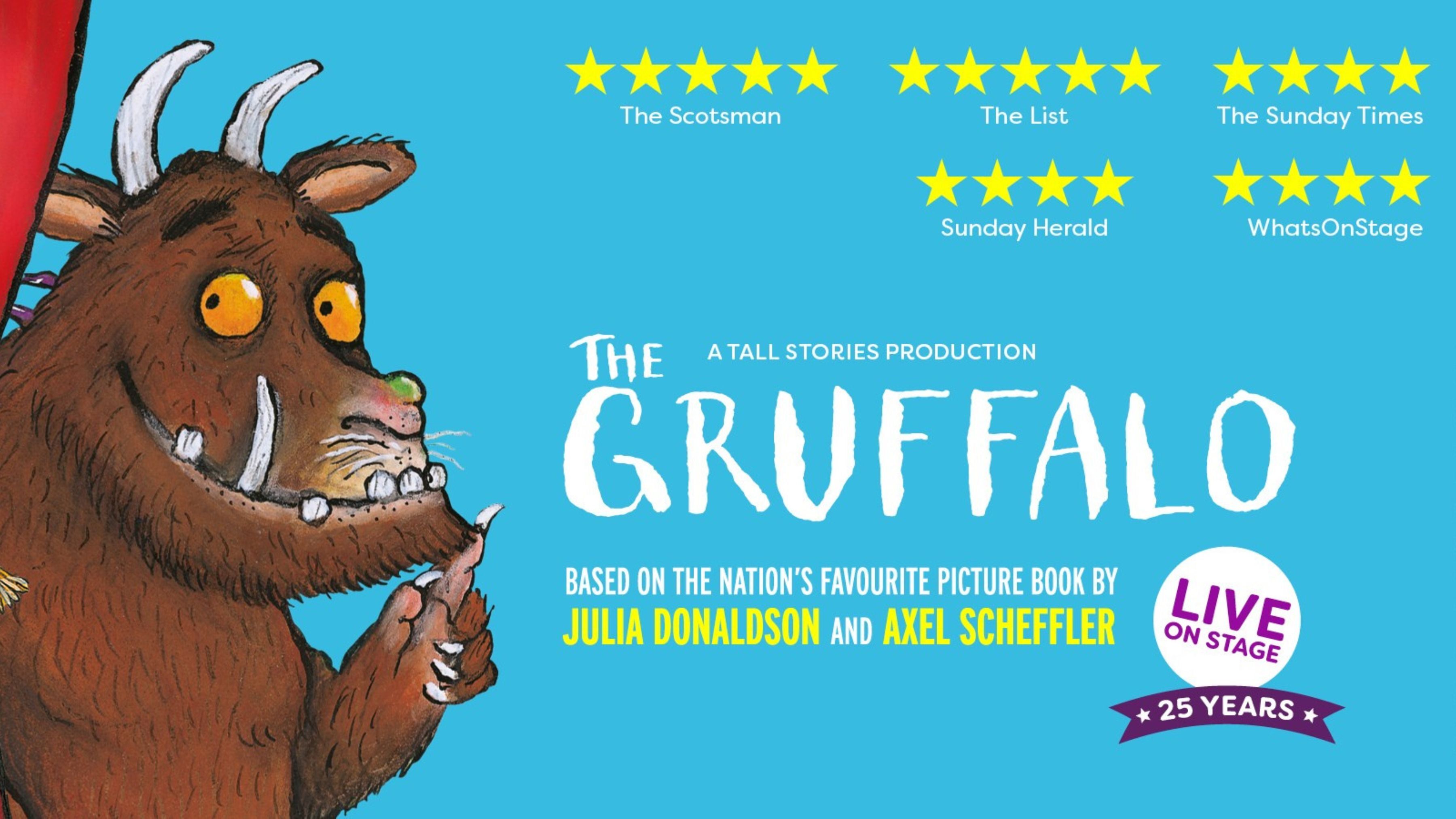 Ia=mage of the Gruffalo on the left and the show title and reviews on the right with a light blue background