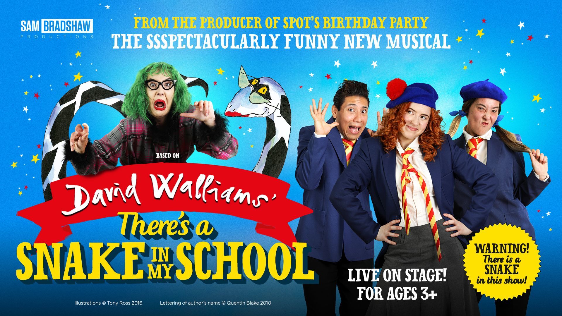 Image of the cast - a woman with green hair screaming and three dressed in school clothes