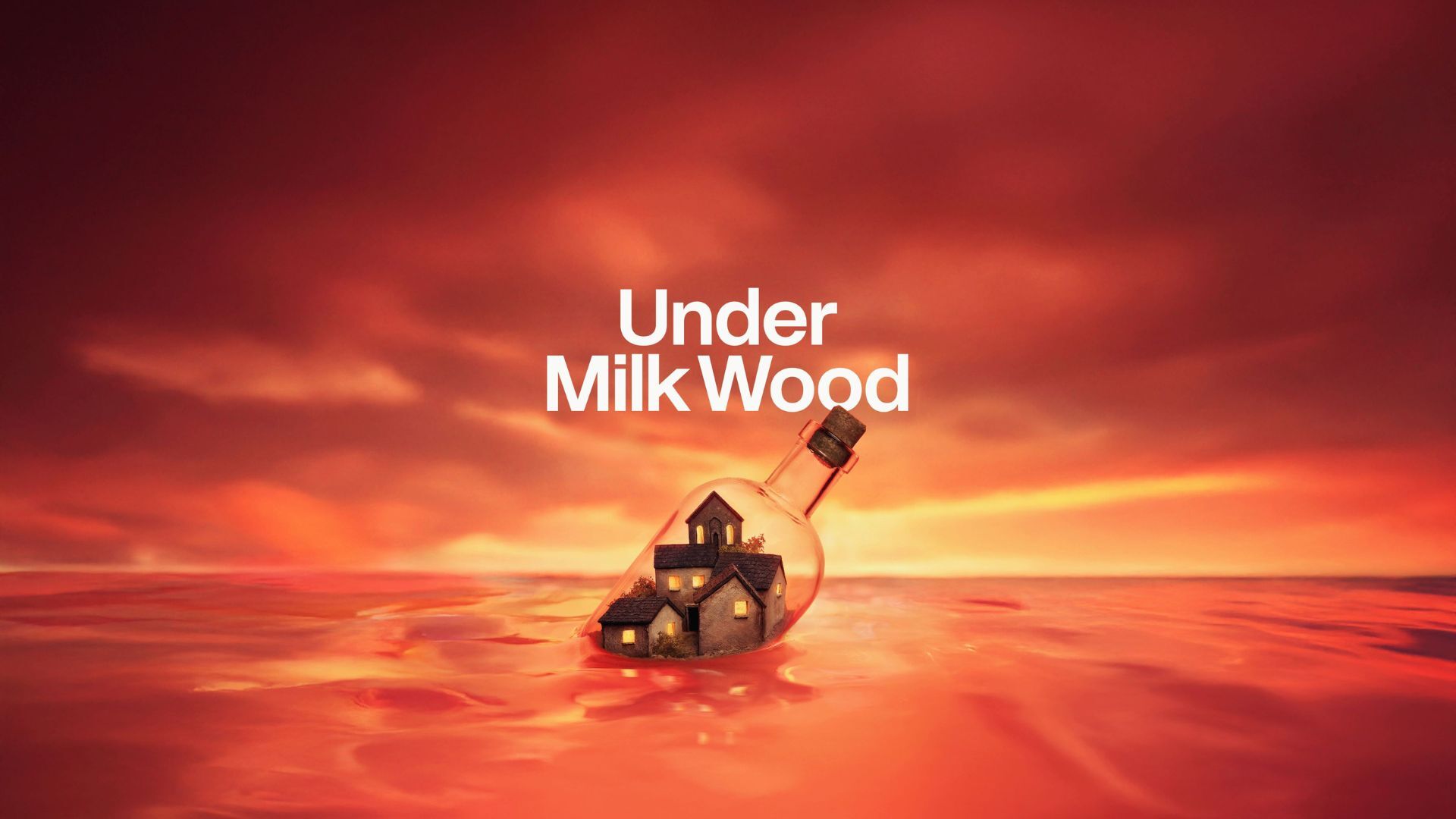 Village in a bottle floating in the sea during sunset