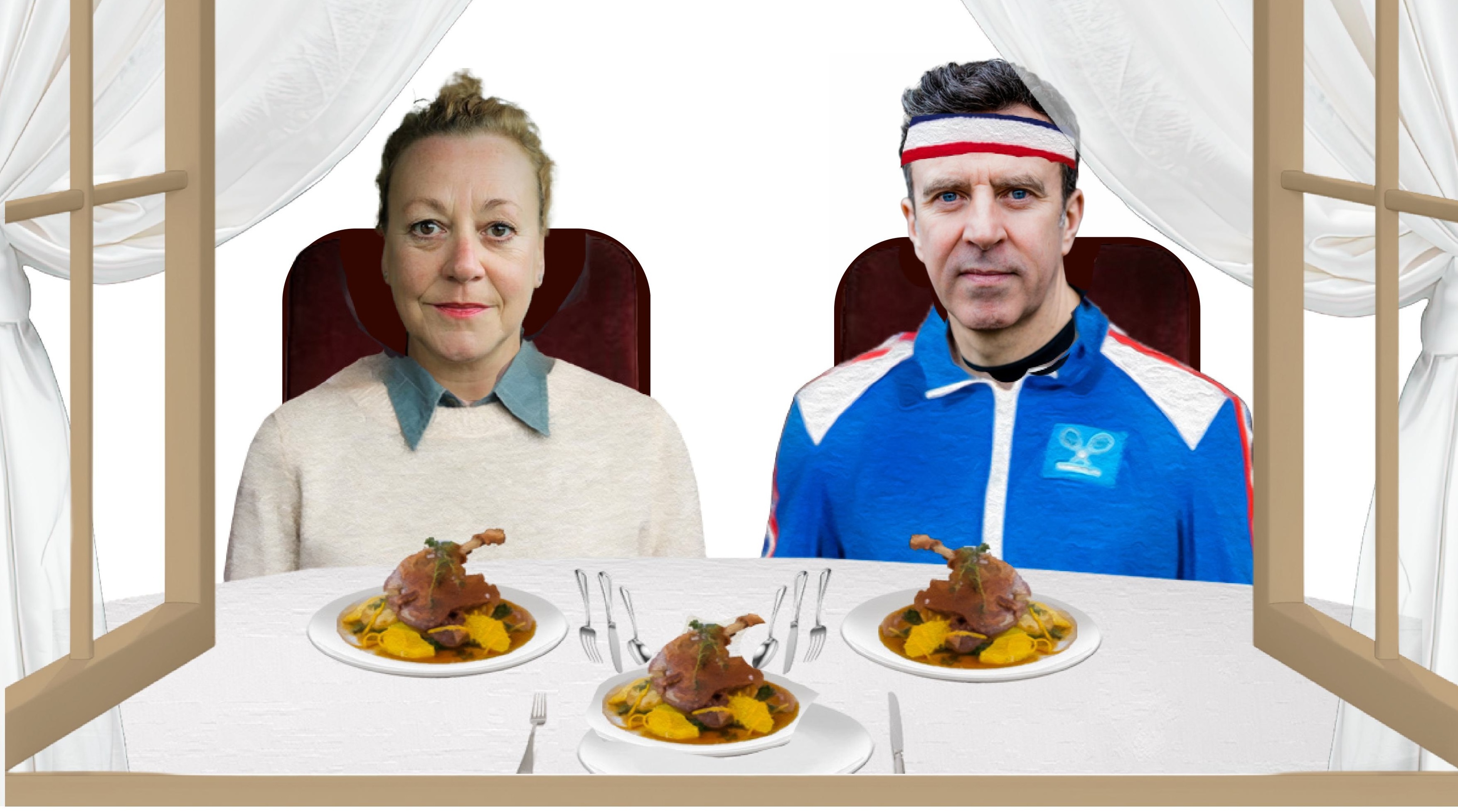 Woman and man sitting by a table with a plate of food in front of them. The man is wearing sports gear.