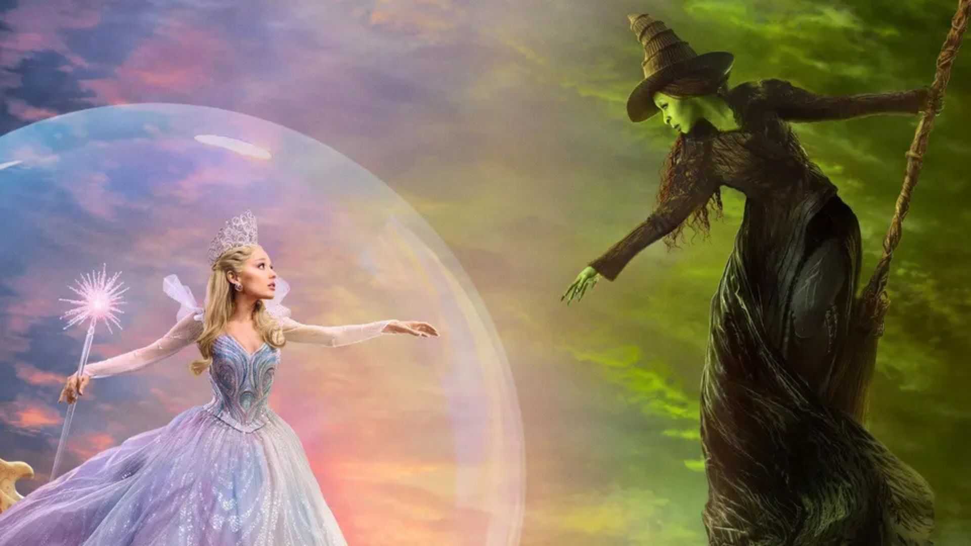 Glinda in a bubble and Elphaba on her broom