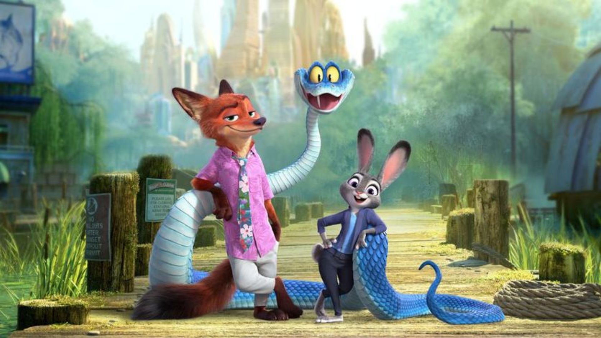 Cast of Zootropolis with Zootopia city in the background