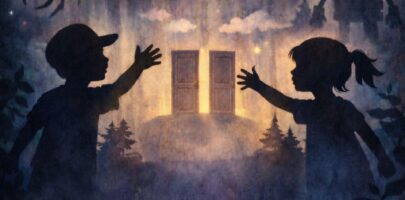 Illustration of two young children holding their hands up and reaching for a door
