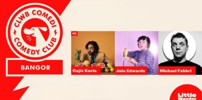 Little Wander Comedy Club logo on the left and photos of the three comedians and their names on the right