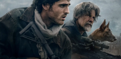 Two men holding guns and a dog