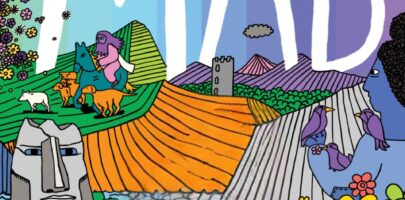 Painting or digital art of colorful mountains, bearded man riding a horse and a face carved from stone
