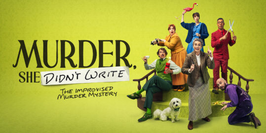 Photo of the cast on the right and the show title on the left