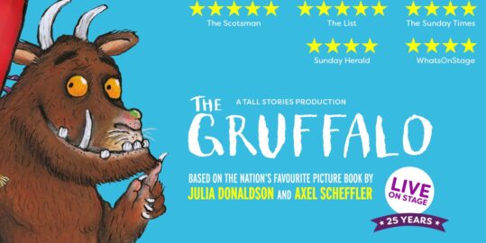 Ia=mage of the Gruffalo on the left and the show title and reviews on the right with a light blue background
