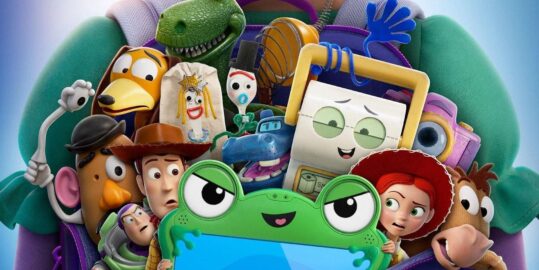 Toy Story characters looking worried standing behind a kids tablet