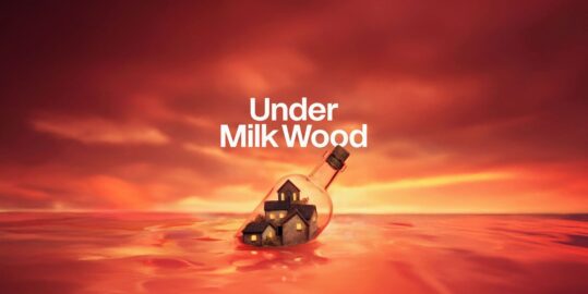 Village in a bottle floating in the sea during sunset