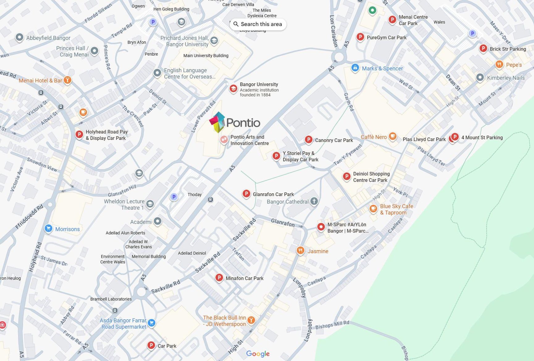 Map showing Pontio and all the parking spaces surrounding.