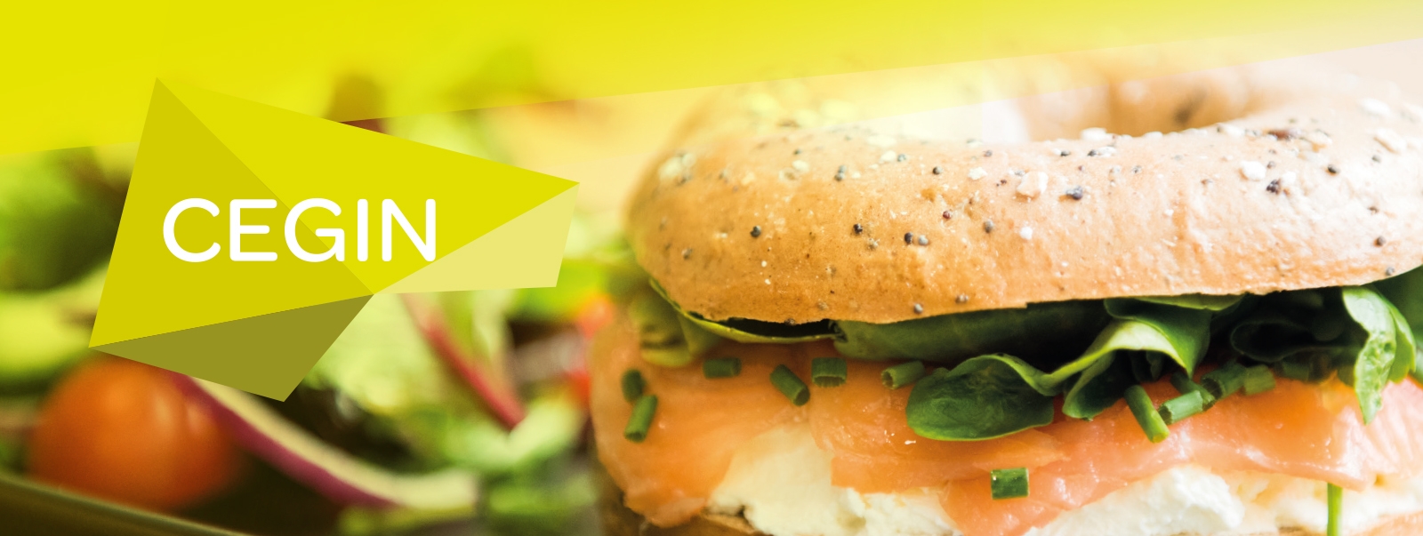 Banner image showing a salmon bagel with the word cegin beside.