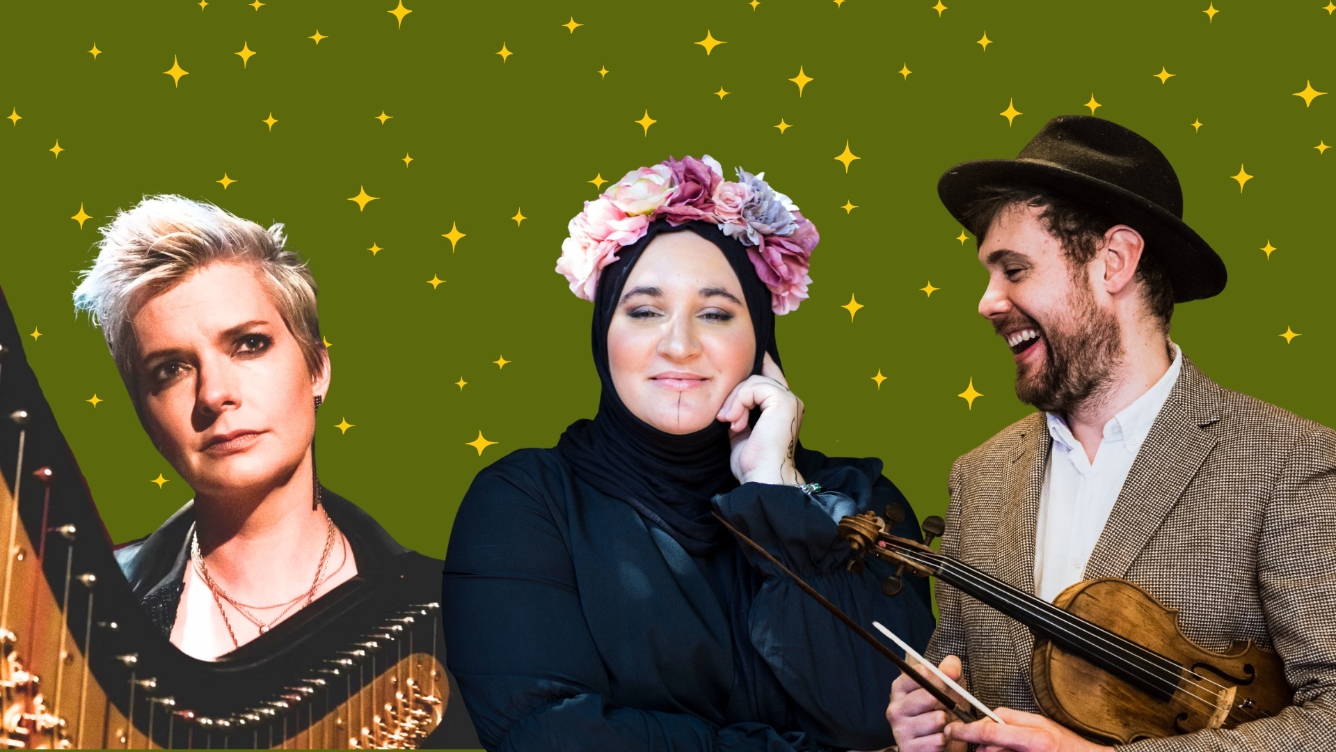 Image of the three musicians with green background covered in stars