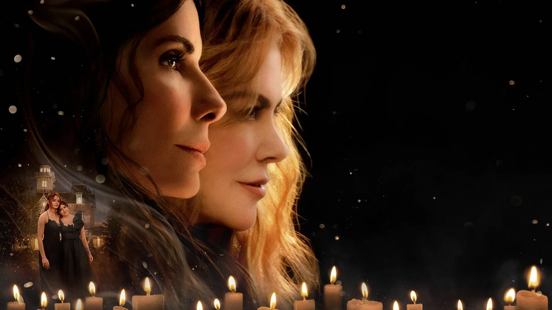 Close up of two woman with black background and candles