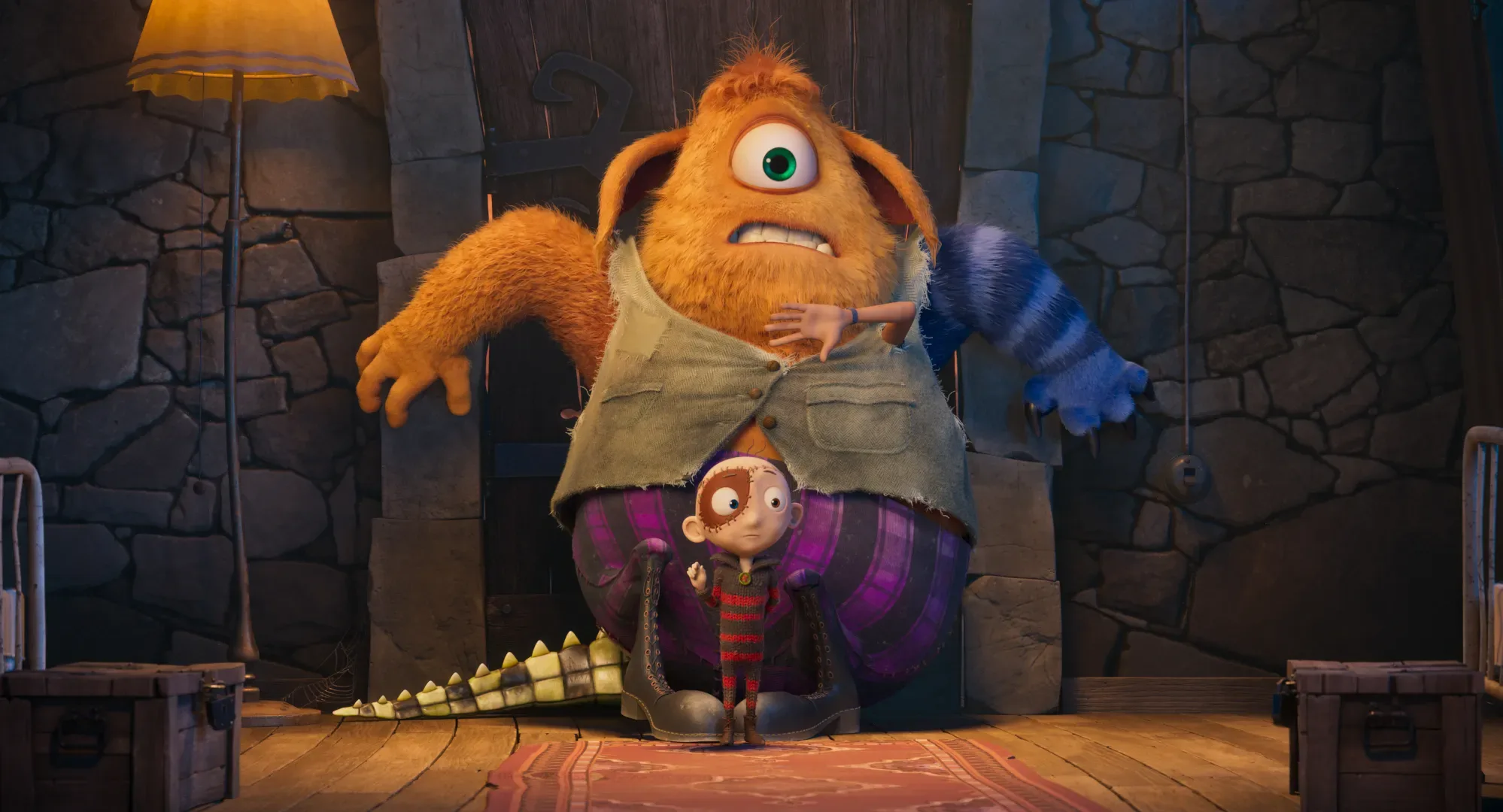 Stitch head and a monster hiding behind a door looking scared